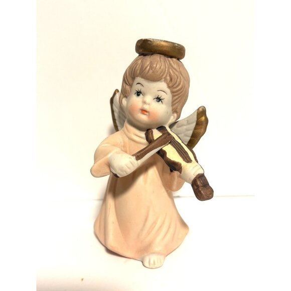 3 Vintage Bisque Porcelain Musical Angels Playing String Instruments Rosy Cheeks - Picture 4 of 7